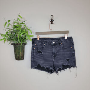 American Eagle Jean High Rise Shortie Shorts Distressed Raw Hem Ripped AE 12